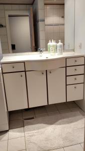 奥尔堡奥尔堡市客房公寓的一间带水槽和镜子的浴室