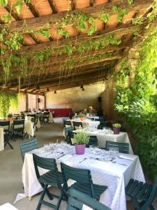 La CassaIl Fojot的一间设有白色桌椅和藤蔓的餐厅