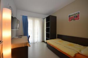 里韦拉埃尔博格艾尔维泽酒店的一间卧室配有一张床、一张书桌和一个窗户。