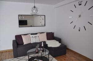 帕扎尔吉克Lux Apartment的客厅配有沙发和墙上的时钟