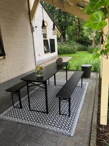 宁斯佩特Huusje18的一张黑色野餐桌和一张地毯上的长椅
