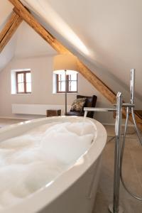 兹诺伊莫Hotel Clemar的天花板客房内的白色浴缸