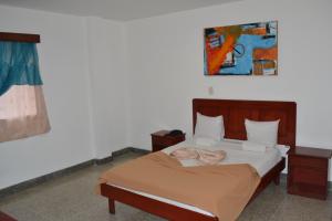 帕拉亚格兰德Hotel Villa Playa Grande的卧室配有一张床,墙上挂有绘画作品