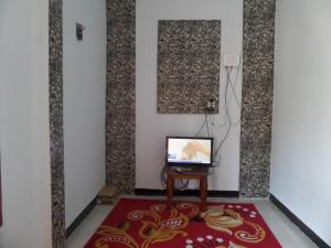 布罗莫Agung Safira Homestay的坐在桌子上的电视,放在一个地毯的房间
