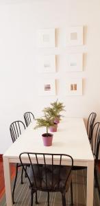 坎弗兰克埃斯塔西翁Vivienda Turística Pirineos XXI的一张白色的桌子,上面有椅子和植物