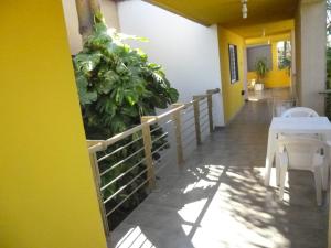费德拉西翁Las Balsas Hotel的走廊上设有桌子、栅栏和植物