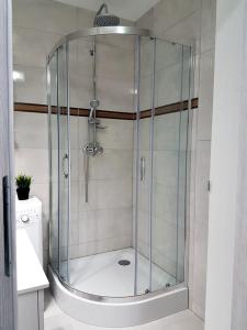 绿山城Sleep4you, Zielona Góra的浴室里设有玻璃门淋浴