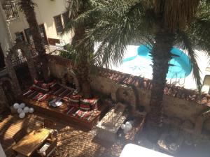 安塔利亚马维阿尼潘斯优恩酒店的享有棕榈树和长凳的游泳池的顶部景致