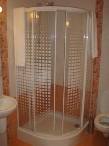Zemborzyce DolneZajazd Kmicic的带淋浴的浴室(带盥洗盆和卫生间)
