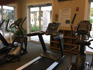 德斯坦Resort Getaway的健身房设有2台跑步机和2辆健身自行车