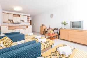 布德瓦Apartman Budva的一间带2张蓝色沙发的客厅和一间厨房