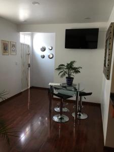 墨西哥城卡萨摩尔卡耶公寓的客厅配有桌子和盆栽植物
