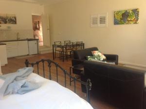 埃利奥特港Port Elliot rural retreat的一间卧室配有一张床铺和椅子,还设有一间厨房