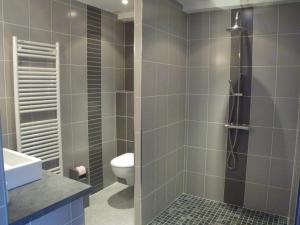 Fuissé普罗格斯酒店的带淋浴、卫生间和盥洗盆的浴室