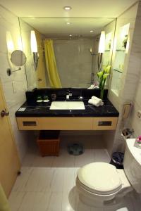 上海上海新锦江大酒店的一间带水槽、卫生间和镜子的浴室