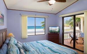 IguanaVillas Iguana A-8 Beachfront Condo的一间卧室配有一张床,享有海景