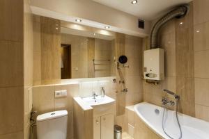 霍茹夫Batory Apartament的浴室配有盥洗盆、卫生间和浴缸。