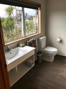 霍基蒂卡Jade Court Motel的一间带水槽和卫生间的浴室以及窗户。