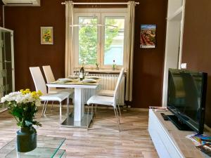 普图伊Apartments Terme Ptuj的一间带桌椅和电视的用餐室
