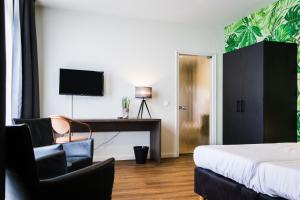 泽丹Het Montferland的一间卧室配有一张床、一张书桌和一台电视。