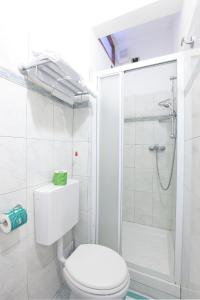 蒙特罗索阿尔马雷阿尔伯格卡鲁吉奥酒店的白色的浴室设有卫生间和淋浴。
