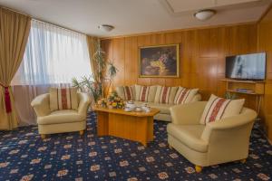 布拉格布拉格顶级酒店的客厅配有2把椅子、1张沙发和1台电视