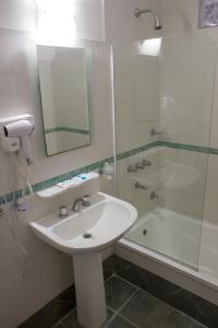 拉巴斯Hotel Milton的浴室配有水槽、淋浴和浴缸。