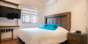 科尔多瓦Hotel Posada XR的一间卧室配有一张带蓝色枕头的床和电视。