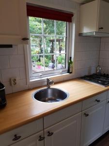 Laag-SoerenWoudthuisje的带水槽的厨房台面和窗户