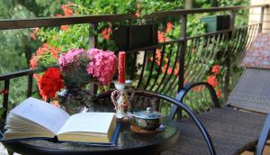 帕兰加阿特米德精品别墅的桌上的开放式书籍,带蜡烛和鲜花