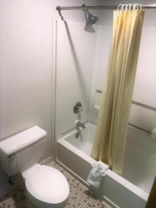 麦岭美国汽车旅馆的白色的浴室设有卫生间和淋浴。
