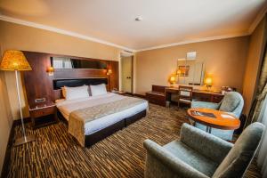 伊斯坦布尔亚洲梦山商务豪华酒店的酒店客房,配有一张床、一张桌子和椅子