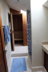 Banco PlayaPuerta del Mar Cozumel的浴室里带蓝色地毯的走廊