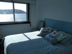 拉科鲁尼亚Primera linea. Vistas al MAR的一间卧室配有带两个枕头的床和窗户