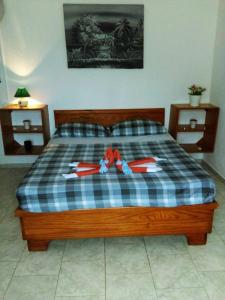 博卡奇卡Casa Picadilly的一间卧室配有一张带蓝白色布艺毯的床