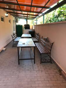 古达乌塔Guest House Palmovaia gavan的三个长椅坐在带桌子的庭院