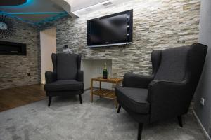 捷克捷欣Wellness Apartmán Relax的砖墙上两把椅子和一台电视机