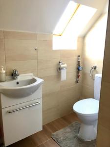 布达佩斯Rudolf Apartment的浴室配有水槽和带天窗的卫生间。
