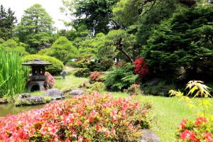 HigashineYoshitagawa Bekkan的种有五颜六色花卉和鸟浴的花园