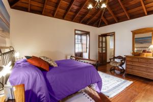 下布雷尼亚Etna的一间卧室设有紫色的床和木制天花板