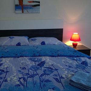 索科矿泉村Felix Apartment的一张带蓝色棉被和灯的床