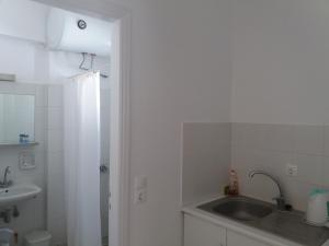 帕罗奇亚Bizas Rooms & Studios的白色的浴室设有水槽和淋浴。