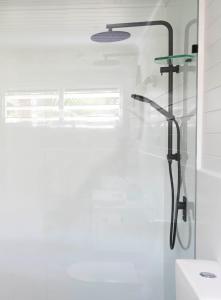 苦难角mist at Cape Tribulation的浴室里设有玻璃门淋浴