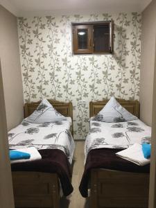博尔若米Parkside Apartment的壁纸客房内的两张单人床