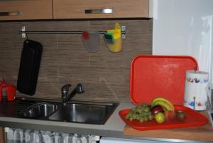 维亚雷焦Casa dolce casa的厨房柜台设有水槽和一盘水果