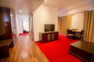 科伦坡Trillium Boutique City Hotel的一间带电视和红色地毯的客厅