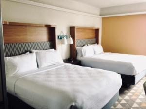 皮茨菲尔德Holiday Inn & Suites Pittsfield-Berkshires, an IHG Hotel的配有白色床单的酒店客房内的两张床