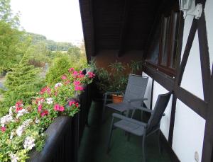 迈宁根Ferienhaus und Privatvermietung Andrea Giesecke的阳台配有两把椅子和鲜花