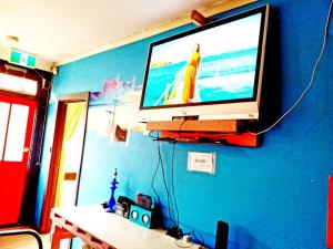 墨尔本St Kilda East backpackers' hostel的挂在蓝色墙壁上的平面电视