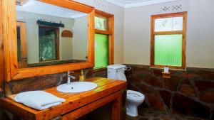 BugambiraRushaga Gorilla Lodge的一间带水槽、镜子和卫生间的浴室